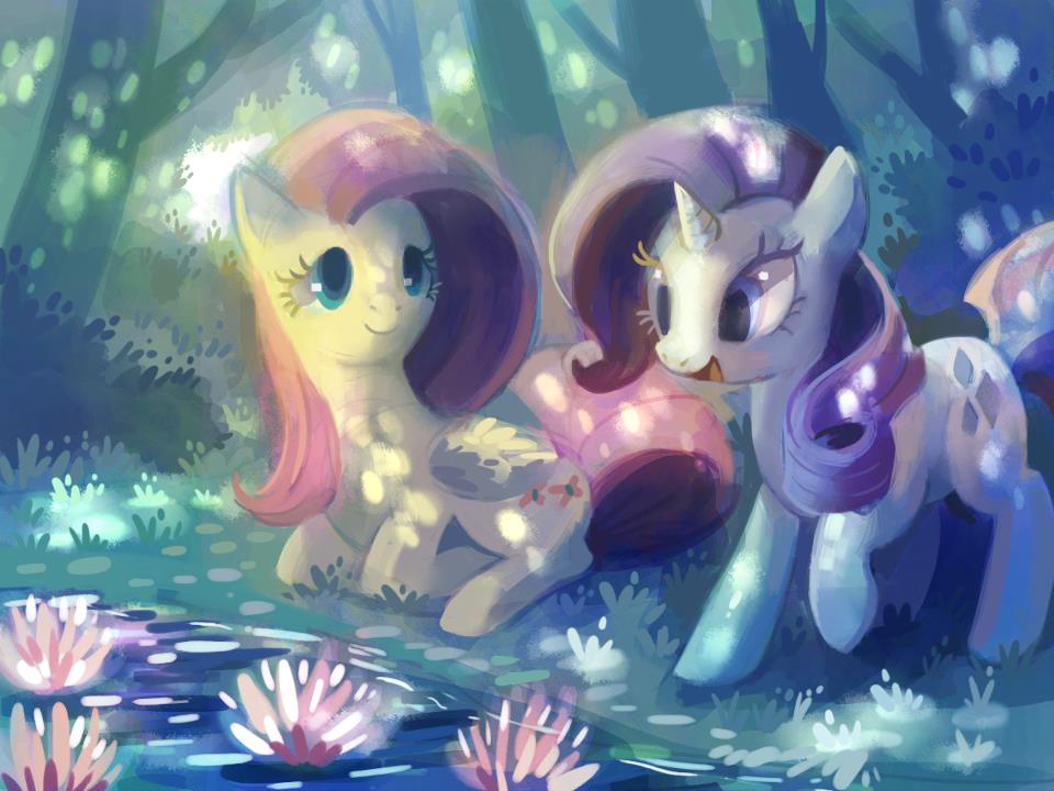 big_eyes blue_eyes blue_fur cute cutie_mark cyan_eyes dappled_light duo equine eyelashes female feral fluttershy_(mlp) forest friends friendship_is_magic fur grass hair horn horse kneeling mammal mane my_little_pony outside pegasus pink_hair pond pony purple_eyes purple_hair quadruped raised_leg rarity_(mlp) ringlets standing sunlight tomiyu tree unicorn water_lily white_horn wings yellow_feathers yellow_fur