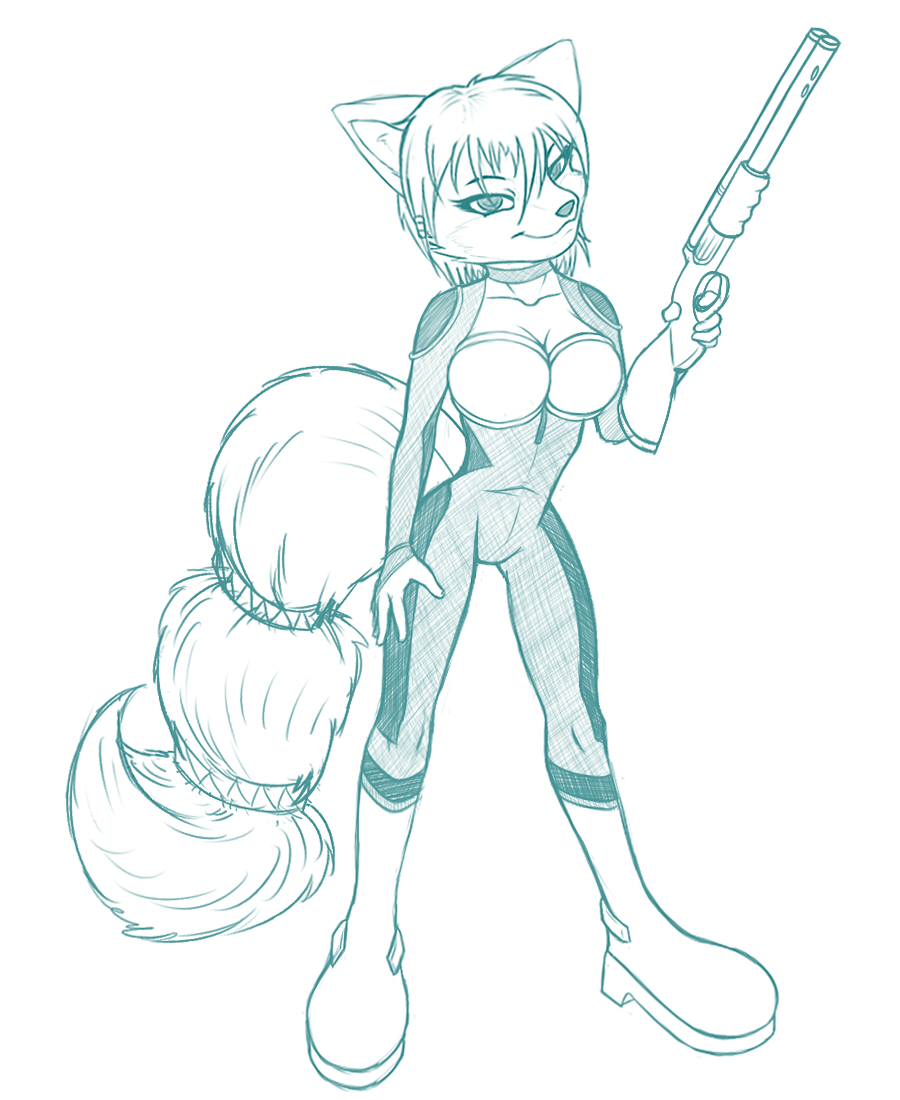 boots breasts canine cleavage clothed clothing female fox green_and_white green_and_white_theme gun hair krystal line_art mammal monochrome nintendo ranged_weapon shotgun solo star_fox video_games weapon wtfeather