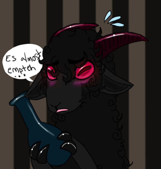 beverage black black_body blush bottle caprine cute death eyes french glowing hooves horn mammal pink_eyes ram red sad sheep vonderdevil wine wool