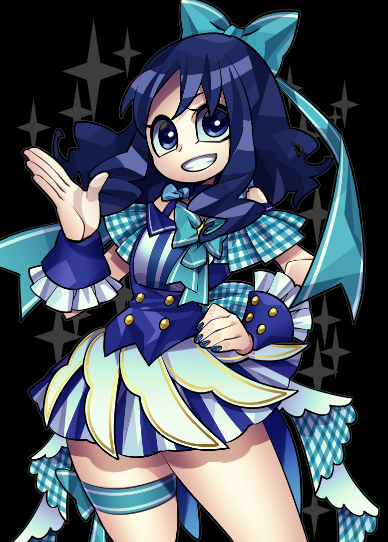 1girl alternate_costume black_background blue blue_bow blue_eyes blue_hair blue_nails bow cowboy_shot dress fingernails grin hair_bow hand_on_hip heartcatch_precure! idol kurumi_erika looking_at_viewer nail_polish ninomae plaid precure short_hair simple_background smile solo standing striped teeth thighlet vertical_stripes wrist_cuffs