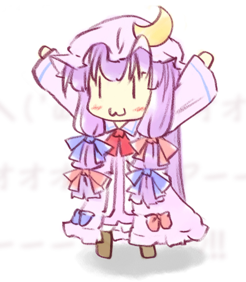 :3 bow chibi crescent dress hair_bow hat long_hair natsuki_(silent_selena) outstretched_arms patchouli_knowledge purple_hair solo standing touhou |_|