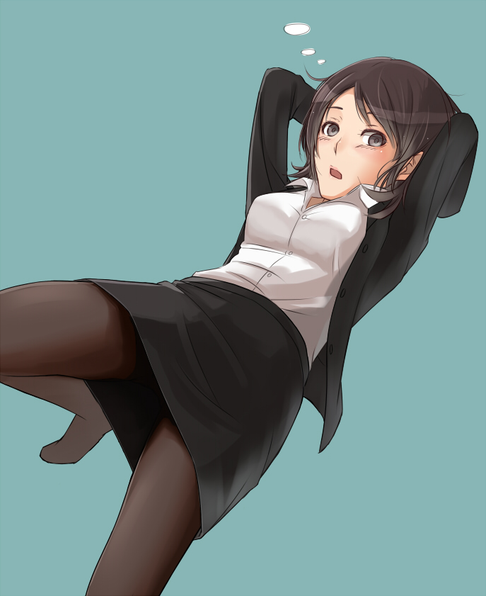 akito_(akitotika) amagami arms_behind_head brown_eyes brown_hair formal jacket miniskirt open_mouth pantyhose pencil_skirt short_hair simple_background skirt skirt_suit solo suit takahashi_maya teacher