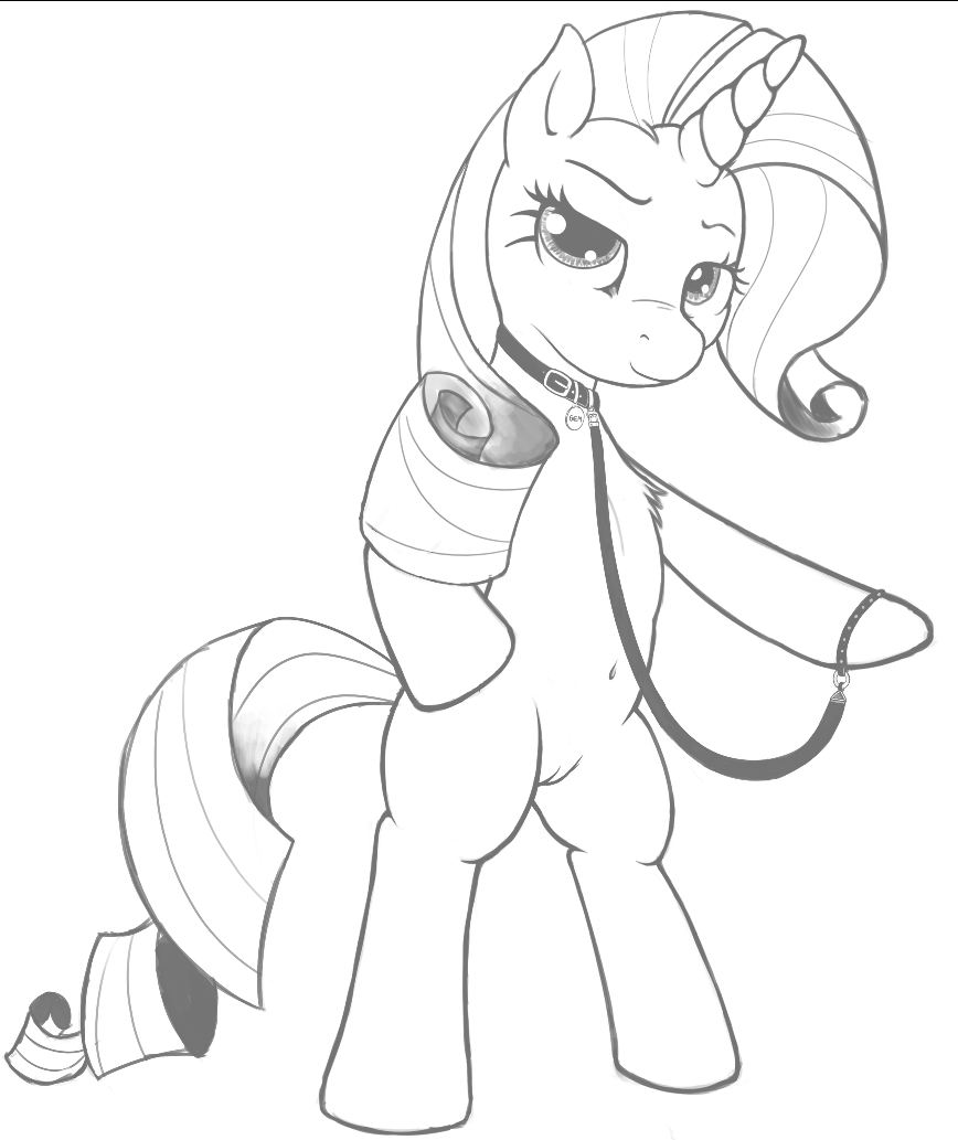 black_and_white collar cute equine female feral friendship_is_magic hair horn horse leash long_hair looking_at_viewer mammal monochrome my_little_pony navel pony pussy rarity_(mlp) skipsy smile solo unicorn