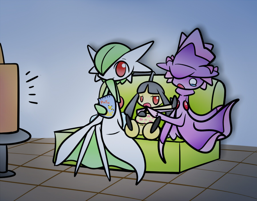 bag concave couch food gardevoir green_hair hat mawile mismagius no_humans pokemon potato_chips scared sitting tears television tv witch witch_hat