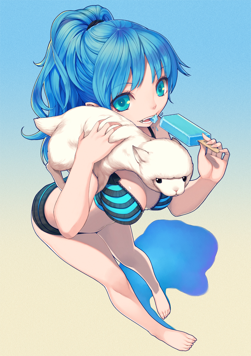 alpaca arched_back bare_legs bare_shoulders barefoot blue_eyes blue_hair bra breasts cleavage copyright_request eating fingernails food foreshortening from_above gradient gradient_background grin kimura_daisuke lamb lingerie long_hair looking_at_viewer medium_breasts navel panties ponytail popsicle smile solo striped striped_bra striped_panties thigh_gap toenails underwear underwear_only