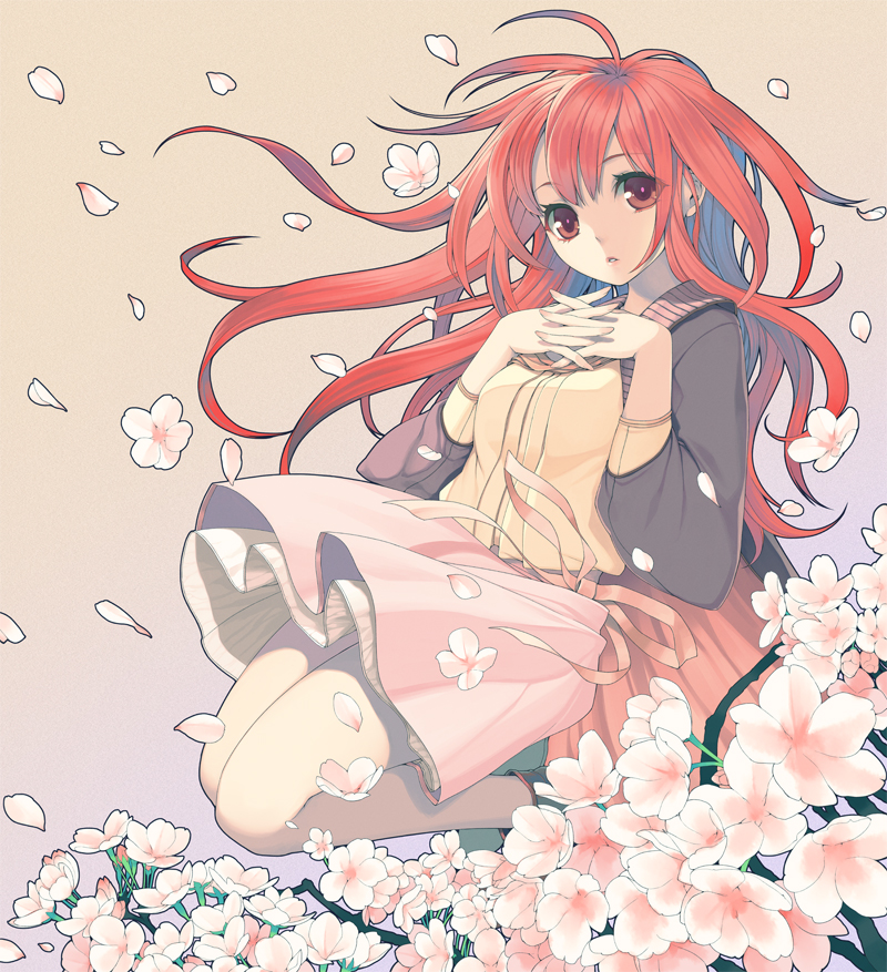 ahoge album_cover character_request cherry_blossoms copyright_request cover dress flower hands_clasped kimura_daisuke long_hair own_hands_together petals red_eyes red_hair skirt solo