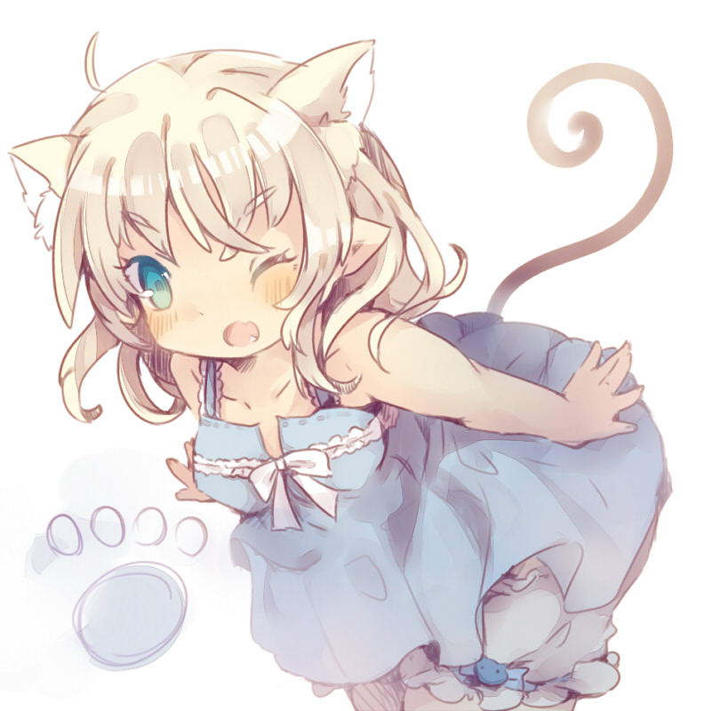 andras animal_ears bad_id bad_pixiv_id bare_arms blonde_hair bloomers blue_eyes blush bow cat_ears cat_tail dress elf extra_ears fangs mabinogi masirosu nightgown one_eye_closed open_mouth paw_print pointy_ears sleeveless solo tail underwear