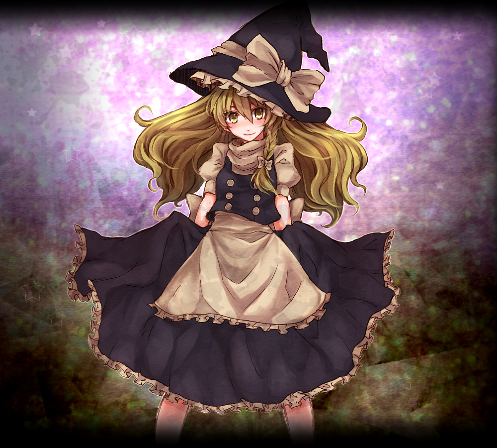 apron blonde_hair bow braid buttons frills gradient gradient_background hair_bow hat hat_bow high_collar kirisame_marisa light_smile long_hair looking_at_viewer puffy_sleeves shino_haruto shirt short_sleeves single_braid skirt skirt_lift solo standing star touhou vest witch_hat yellow_eyes