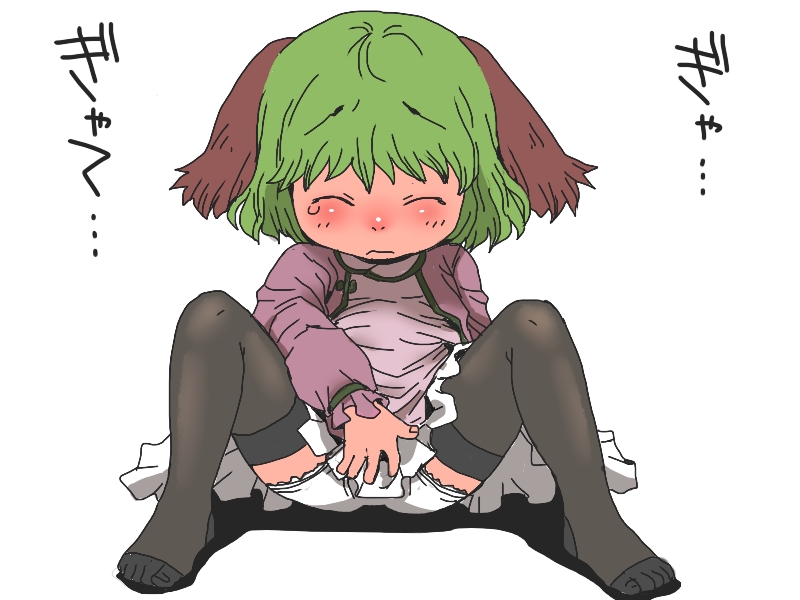 animal_ears black_legwear blush child closed_eyes covering covering_crotch green_hair heart_sutra kasodani_kyouko no_shoes onikobe_rin panties purple_skirt short_hair sitting skirt solo spread_legs tears thighhighs touhou underwear white_panties