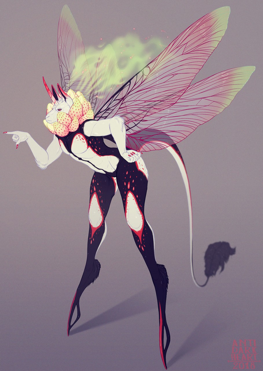 antidarkheart arthropod bent_over black_fur bulge classy clothing colored_nails equine eteri food footwear fruit fur girly hand_on_hip high_heels horn hybrid insect insect_wings male mammal multicolored_fur pointing red_nails sassy shoes solo strawberry two_tone_fur unicorn white_fur wide_hips wings