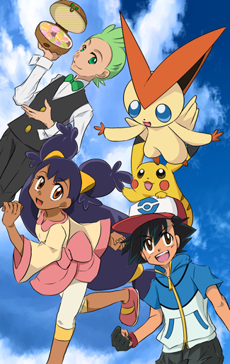 child dent_(pokemon) iris_(pokemon) pikachu pokemon pokemon_(anime) satoshi_(pokemon)