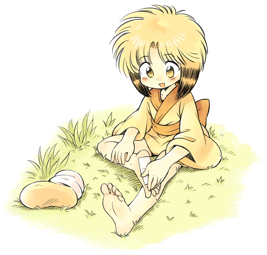 barefoot blonde_hair child feet full_body grass japanese_clothes kimono man'yuuki nyan_nyan_(man'yuuki) oyatsu_(mk2) shoes shoes_removed short_hair short_kimono single_shoe sitting smile soles solo toes yellow_eyes