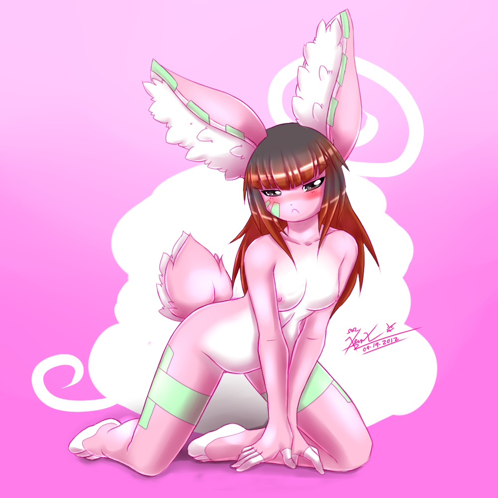 blush breasts cute female fur hair lagomorph long_hair looking_at_viewer mammal mnxenx001 nipples nude pink_fur rabbit red_hair solo