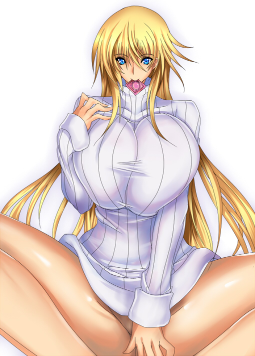 1girl amano_mokuzu blonde blonde_hair blue_eyes bottomless breasts condom condom_in_mouth covering covering_crotch covering_pussy curvy female huge_breasts legs long_hair mound_of_venus mouth_hold no_panties simple_background solo spread_legs sweater thick_thighs thighs umino_mokuzu_(a4_size) white_background