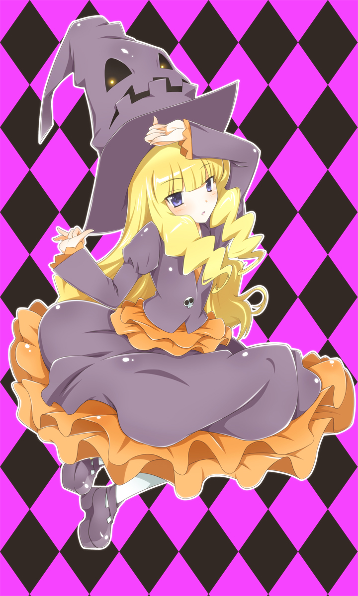 blonde_hair blue_eyes costume dress drill_hair frilled_dress frills halloween hat highres kami_nomi_zo_shiru_sekai kujou_tsukiyo socks solo twin_drills witch witch_hat yuto_(dialique)