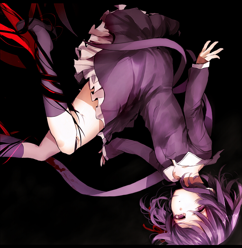 ayatoki-1 black_background child dress fate/zero fate_(series) hair_ribbon kneehighs matou_sakura md5_mismatch purple purple_eyes purple_hair purple_legwear ribbon short_hair solo upside-down younger