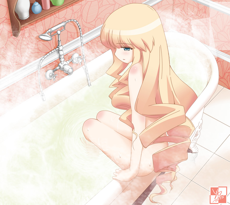 bath bathroom bathtub blonde_hair blue_eyes claw_foot_bathtub drill_hair kami_nomi_zo_shiru_sekai kedison kujou_tsukiyo long_hair nude shower_head solo steam very_long_hair