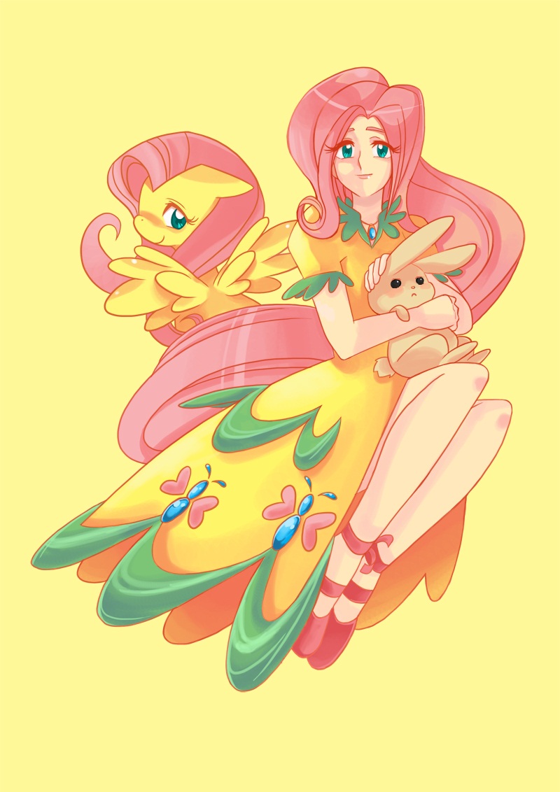 blue_eyes equine female feral fluttershy_(mlp) friendship_is_magic hair horse human humanized long_hair mammal my_little_pony pegasus pink_hair plain_background pony sapphire1010 wings yellow_background yellow_theme