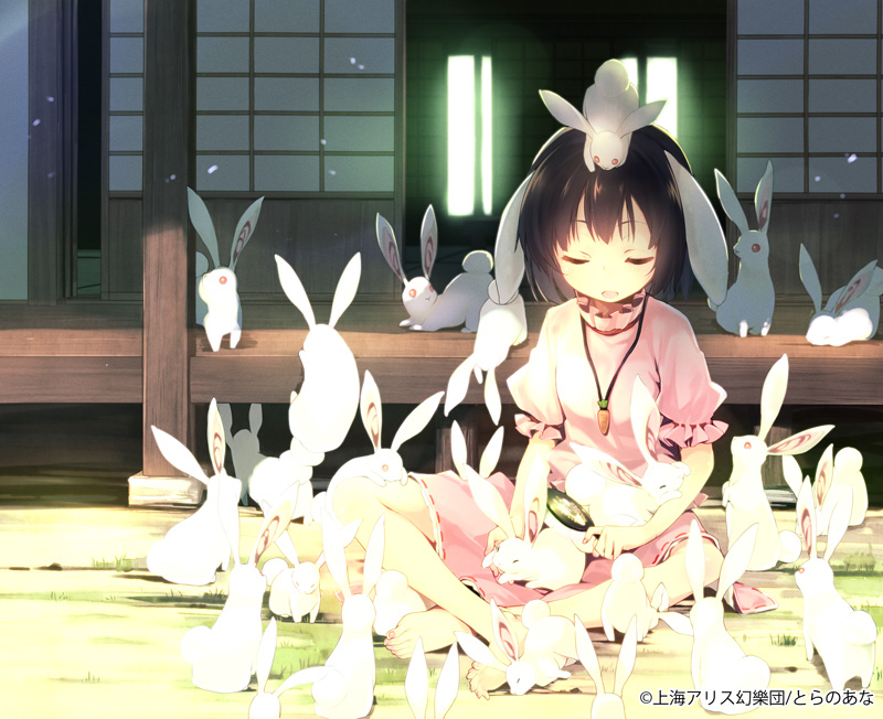 animal animal_ears animal_on_head barefoot black_hair brush bunny bunny_ears carrot closed_eyes dress inaba_tewi indian_style jewelry light_particles on_head open_mouth pendant short_hair sitting solo subachi sunlight tail too_many too_many_bunnies touhou veranda