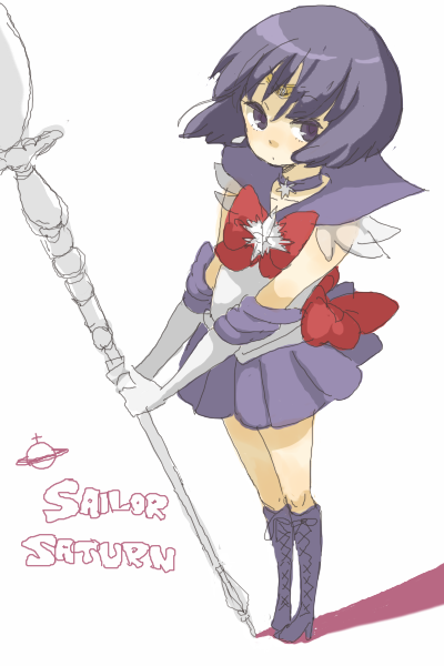 back_bow bishoujo_senshi_sailor_moon bob_cut boots bow character_name choker elbow_gloves gloves holding holding_spear holding_weapon knee_boots magical_girl polearm purple_eyes purple_footwear purple_hair purple_sailor_collar purple_skirt red_bow sailor_collar sailor_saturn sailor_senshi_uniform silence_glaive skirt solo spear staff star star_choker tiara tomoe_hotaru weapon white_gloves yukke