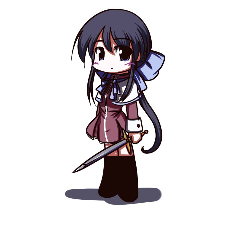 black_eyes black_hair bow chibi fictional_sister kanon kawasumi_mai left-handed long_hair ribbon solo sword weapon