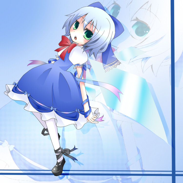 bad_id bad_pixiv_id blue_hair bow cirno kirisame1224 pantyhose ribbon shoes solo touhou wings