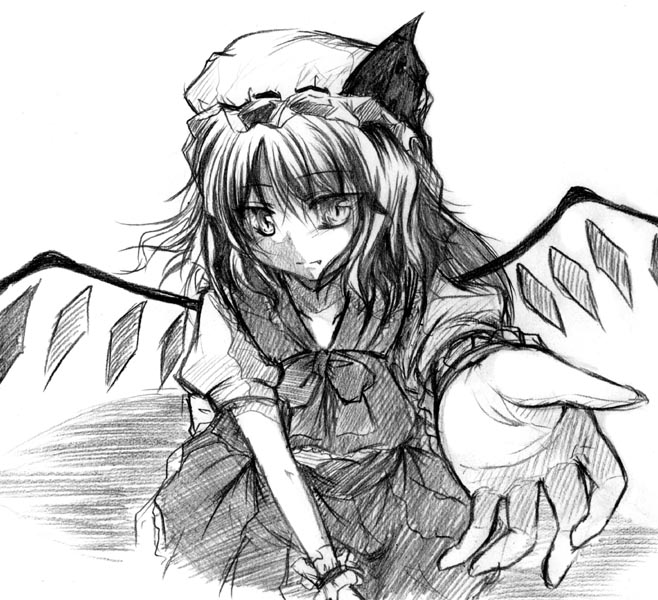 all_fours arm_support bow bowtie crystal dress flandre_scarlet frills greyscale hat looking_at_viewer misana mob_cap monochrome outstretched_arms simple_background solo touhou white_background wings wrist_cuffs