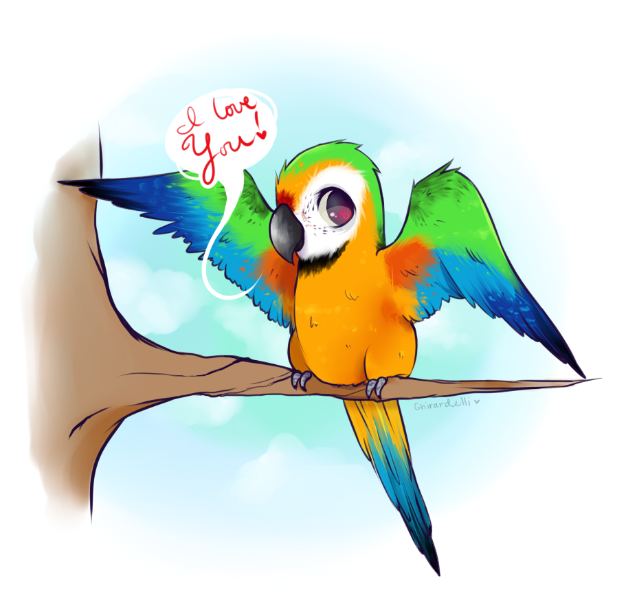 &hearts; ambiguous_gender avian bird blue-gold_macaw cute dialog english_text ghirardelli looking_at_viewer macaw parrot signature solo text tree wings wood