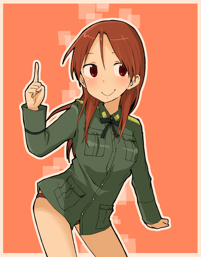 bad_id bad_pixiv_id border bow bowtie index_finger_raised kumichou_(kumichoubox) long_hair military military_uniform minna-dietlinde_wilcke no_pants orange_background pointing red_eyes red_hair simple_background smile solo strike_witches uniform world_witches_series