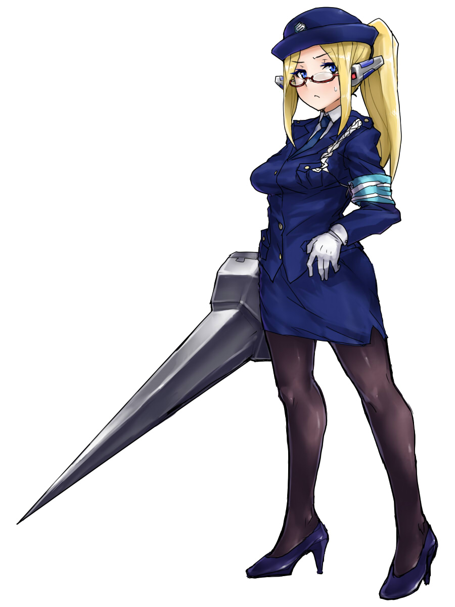 blonde_hair blue_eyes cosmic_break glasses gloves high_heels highres lance lazflamme necktie pantyhose pencil_skirt polearm police police_uniform ponytail semi-rimless_eyewear shoes skirt skj solo under-rim_eyewear uniform weapon