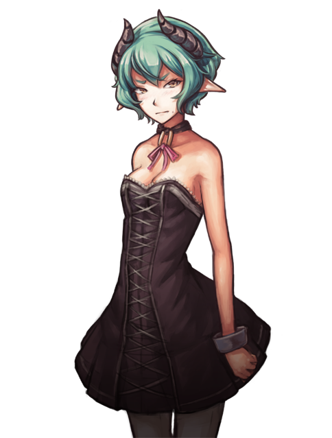bare_shoulders breasts choker cleavage collar demon_girl dress fiend_(juniper's_knot) freckles green_hair horns juniper's_knot medium_breasts non-web_source pointy_ears saimon_ma short_hair solo strapless strapless_dress succubus transparent_background wrist_cuffs yellow_eyes