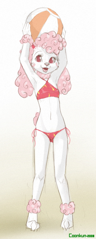 beach_ball canine coonkun cub cute dog female hair mammal pink_hair poodle solo swimsuit young