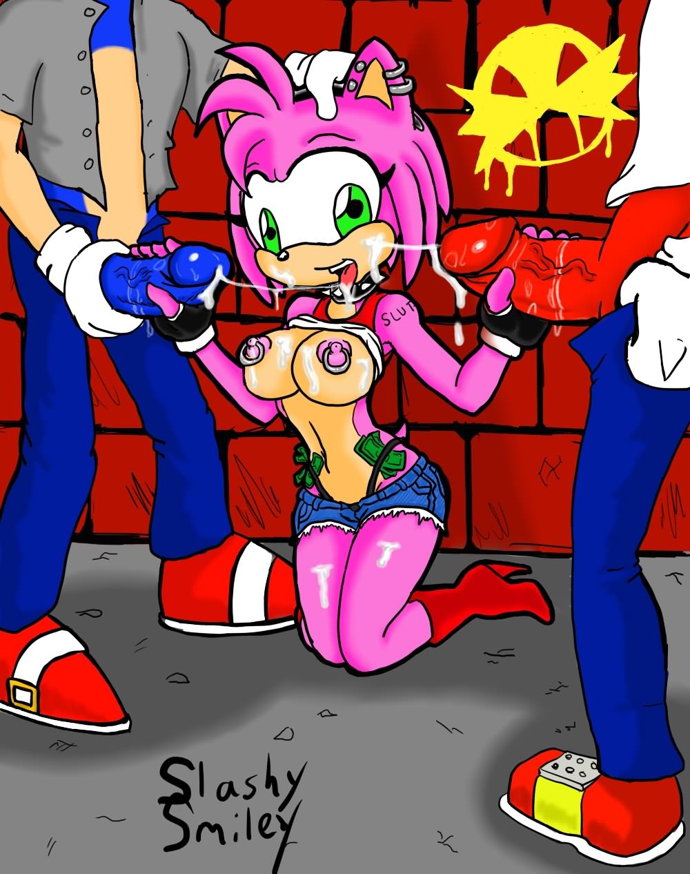 amy amy_rose big_breasts breasts clothing cum cum_in_mouth cum_inside cum_on_breasts cum_on_face cumshot erection female hair hedgehog knuckles_the_echidna male mammal masturbation money nipples oral oral_sex orgasm penis piercing pink_body pink_hair prostitute sega sex shirt slashysmiley sonic_(series) sonic_the_hedgehog straight thick_penis tongue