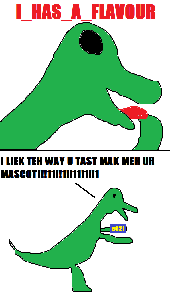 comic derpy_the_dino dinosaur e621 english_text green_body i_has_a_flavor licking meme ms_paint no_pupils paint plain_background scalie standing text tongue unknown_artist what white_background