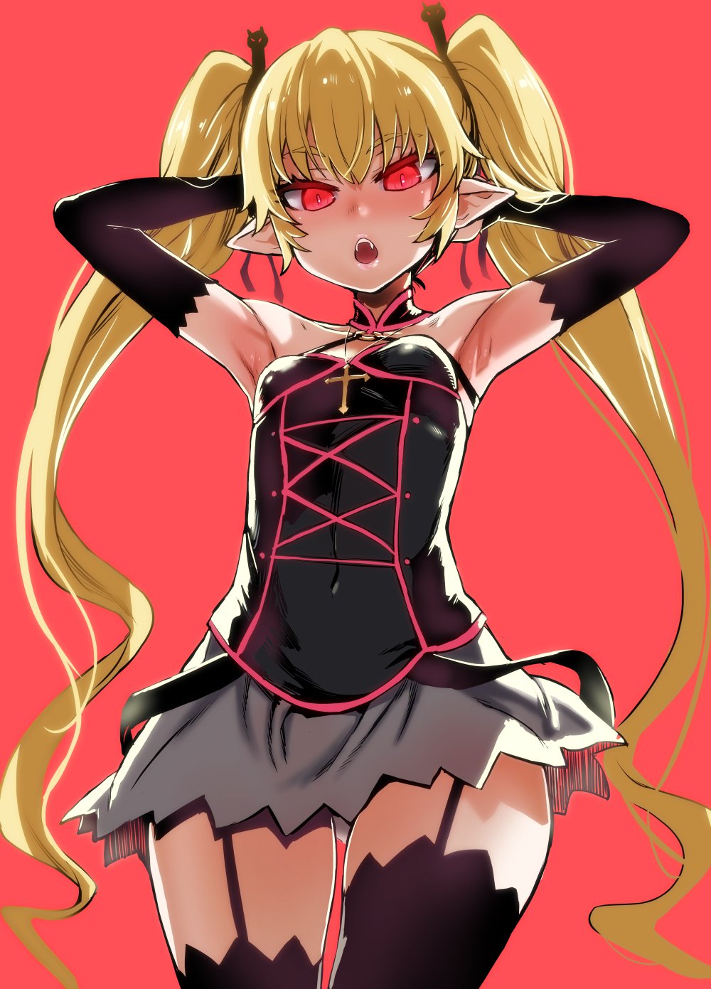 1girl armpits arms_up asanagi backlighting bare_shoulders black_legwear blonde_hair breasts covered_navel cowboy_shot detached_sleeves eyebrows_visible_through_hair fangs garter_straps glowing glowing_eyes halterneck highres jewelry long_hair looking_at_viewer miniskirt necklace open_mouth pachira pink_background pointy_ears red_eyes renkin_san-kyuu_magical_pokaan rosary simple_background skirt small_breasts solo thighhighs thighs twintails very_long_hair