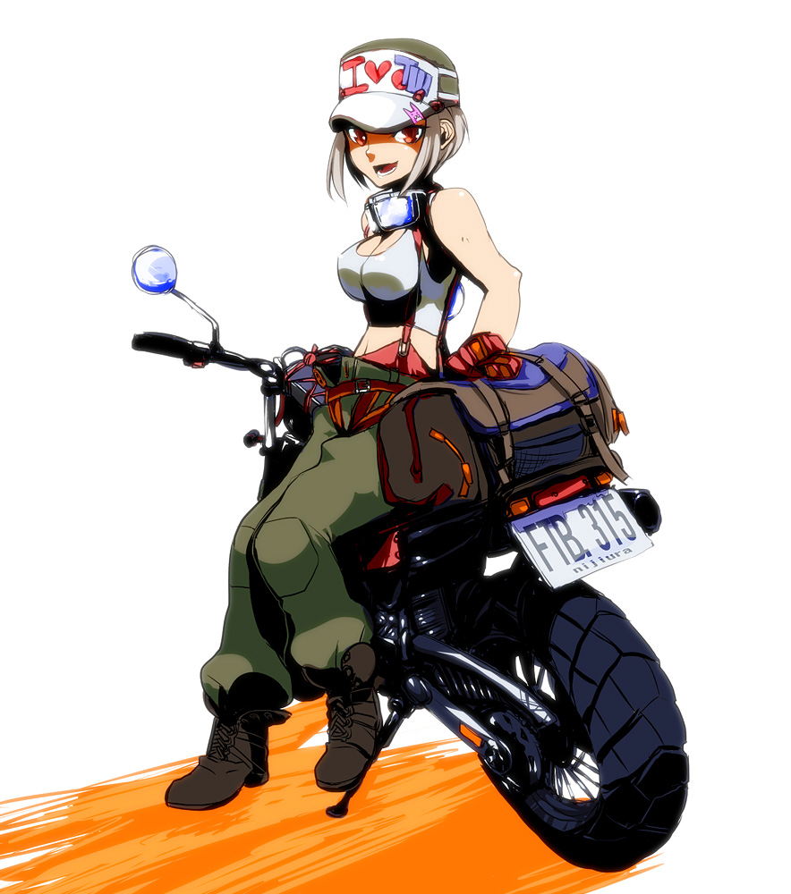 bag bare_arms bare_shoulders baseball_cap belt boots breasts brown_eyes cleavage crop_top goggles ground_vehicle hat license_plate light_brown_hair medium_breasts midriff motor_vehicle motorcycle navel okina open_mouth open_pants original simple_background sitting sleeveless solo suspenders tank_top