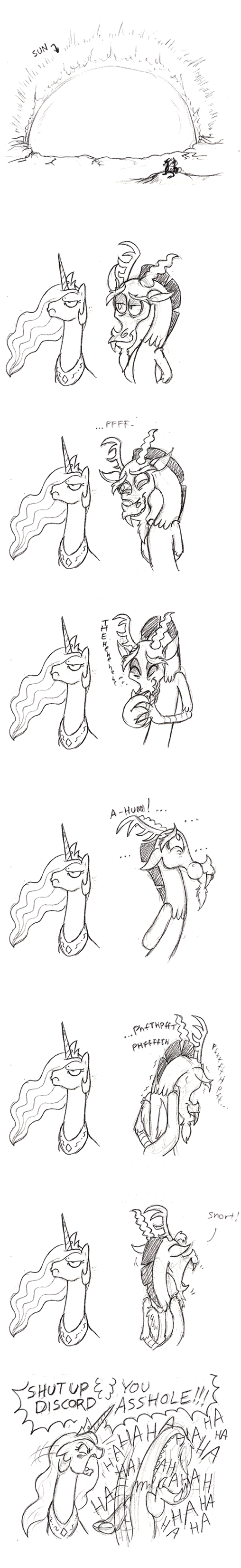 antler antlers comic discord_(mlp) draconequus equine female feral friendship_is_magic hair horn horse laugh male mammal mickeymonster my_little_pony pony princess princess_celestia_(mlp) royalty sun swearing winged_unicorn wings