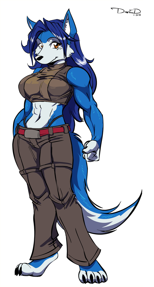 abs biceps big_breasts blue blue_fur breasts canine collaboration damnevildog female fur hair hopey long_hair looking_at_viewer mammal muscles muscular_female r!p solo standing wolf wolfess