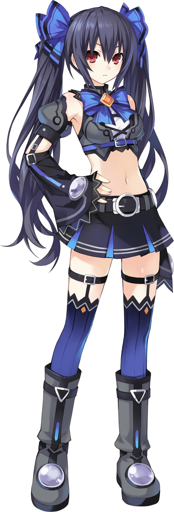 belt black_hair boots bow crop_top detached_sleeves full_body garter_straps hand_on_hip highres kami_jigen_game_neptune_v long_hair looking_at_viewer midriff navel neptune_(series) noire official_art red_eyes shirt skirt solo taut_clothes taut_shirt thighhighs transparent_background tsunako twintails very_long_hair