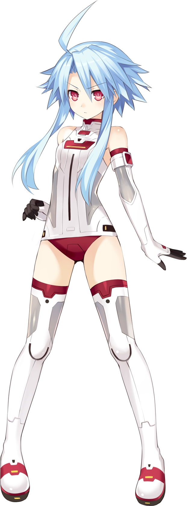 :| ahoge alternate_costume bangs bare_shoulders blue_hair boots breasts closed_mouth detached_sleeves elbow_gloves flipped_hair full_body gloves halterneck highres kami_jigen_game_neptune_v leotard looking_at_viewer magical_girl neptune_(series) official_art power_symbol red_eyes short_hair_with_long_locks sidelocks small_breasts solo standing symbol-shaped_pupils thigh_boots thighhighs transparent_background tsunako turtleneck v-shaped_eyebrows white_gloves white_heart white_legwear