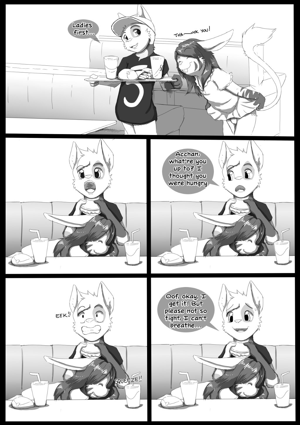 arkaid black_and_white cabbit cat comic crossdressing cub cuddling dialog dialogue english_text eyes_closed feline food girly greyscale hair hat hybrid lagomorph male mammal minoru monochrome panties rabbit restaurant rodent smile text the_neon_children the_neon_children:_the_comic trap under_table underwear young