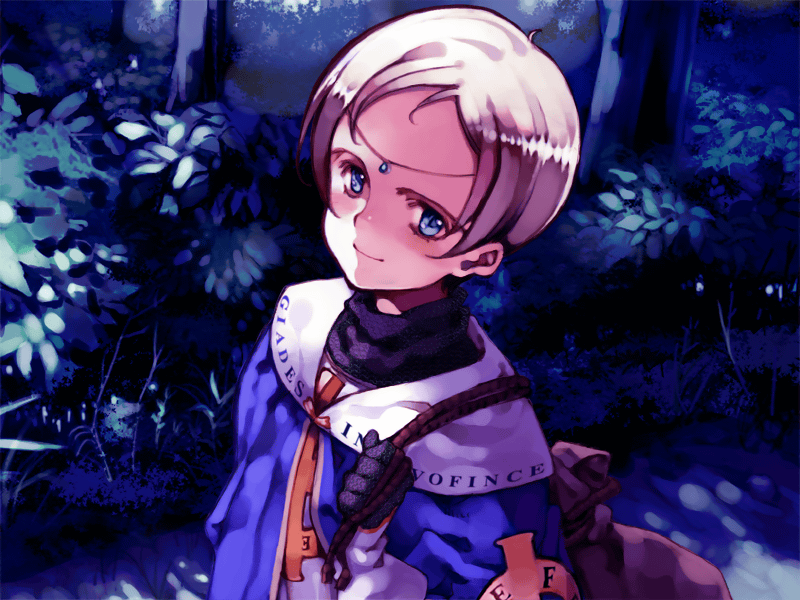 androgynous bag blue_eyes blush bob_cut cape circlet duffel_bag fantasy flat_chest forest game_cg gloves nature night ooyari_ashito outdoors rope rosetta_(little_witch_romanesque) short_hair shoujo_mahou_gaku_littlewitch_romanesque silver_hair smile solo tomboy tree turtleneck