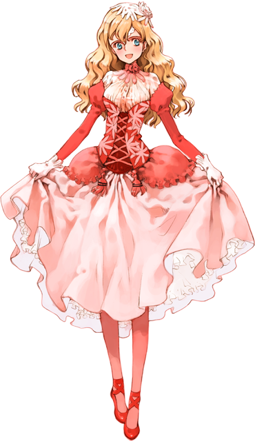 :d blonde_hair blue_eyes blush choker corset curtsey dress fianna_mellowa flower formal full_body gloves hair_flower hair_ornament high_heels long_hair official_art ooyari_ashito open_mouth pantyhose rose shoes shoujo_mahou_gaku_littlewitch_romanesque skirt_hold smile solo standing strappy_heels transparent_background wavy_hair