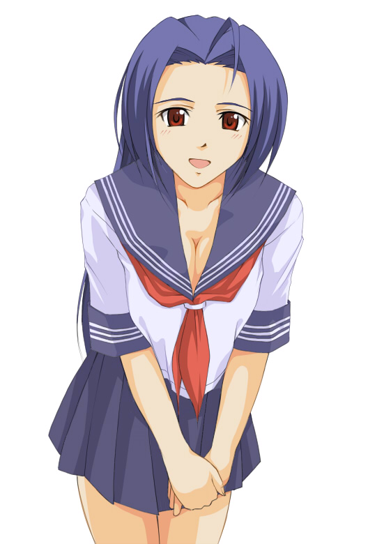 blue_hair breasts cleavage idolmaster idolmaster_(classic) idolmaster_1 long_hair medium_breasts miura_azusa red_eyes school_uniform solo suda_(yuunagi_enikki)