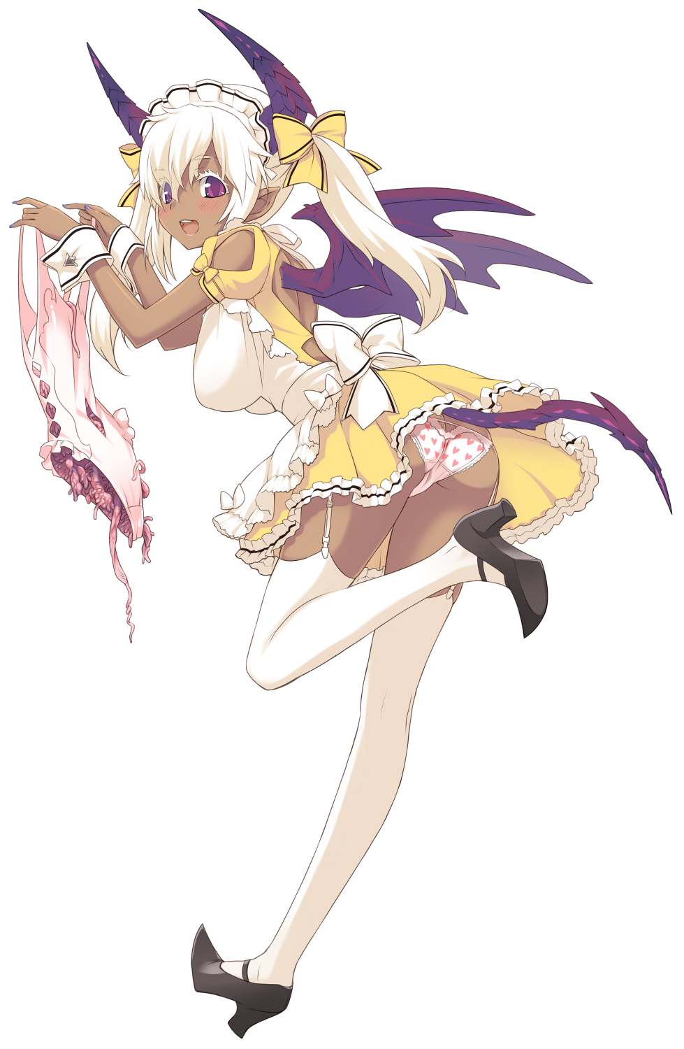 amano_yuu apron ass blush dark_skin demon_girl garter_straps heart heart_panties heart_print highres horns living_clothes maid maid_headdress open_mouth original panties pointy_ears print_panties purple_eyes simple_background smile solo swimsuit tail tentacle_clothes thighhighs twintails underwear white_hair white_legwear wings