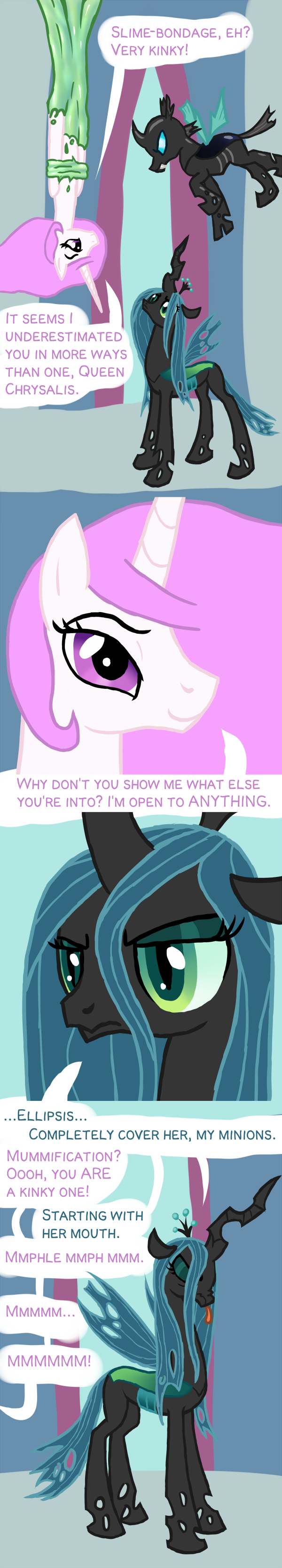 arrkhal bdsm bondage bound changeling comic english_text equine female feral friendship_is_magic group horn horse mammal my_little_pony pony princess princess_celestia_(mlp) queen_chrysalis_(mlp) royalty slime text winged_unicorn wings