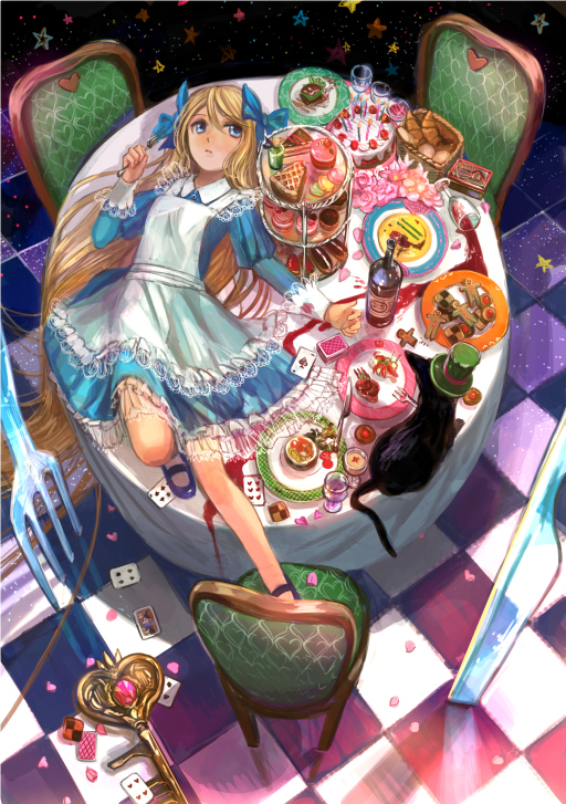 alice_(wonderland) alice_in_wonderland blonde_hair blue_eyes bottle cake candle card cat chair checkered checkered_floor cheshire_cat cookie cup dress drinking_glass food fork fuji_choko gingerbread_man hat heart holding holding_fork key knife long_hair lying on_back petals plate playing_card red_wine star top_hat wine_glass