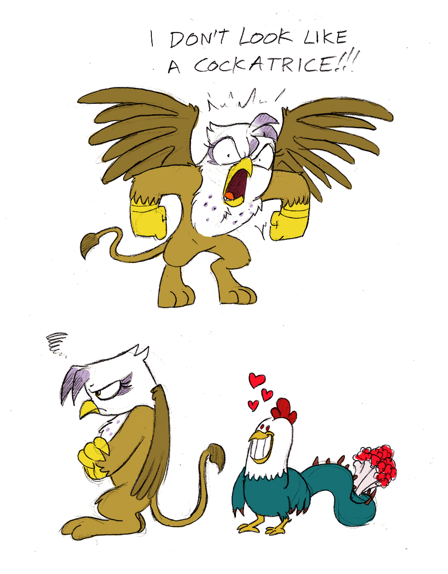 &hearts; amber_eyes angry avian cockatrice cockatrice_(mlp) cute english_text female feral flower friendship_is_magic gilda_(mlp) gryphon looking_at_viewer male mickeymonster my_little_pony red_eyes shouting smile text wings