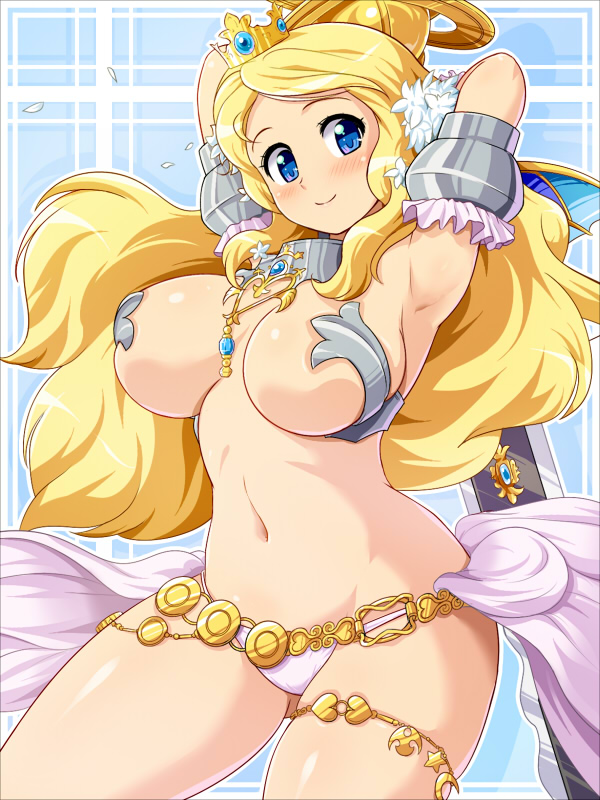 armor armpits arms_up bikini_armor blonde_hair blue_eyes breasts cleavage code_of_princess crown curvy heart konpeto large_breasts long_hair moon navel smile solange_blanchefleur_de_luxe solo star sword weapon