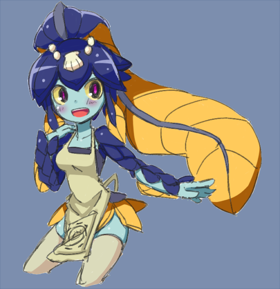 apron blue_hair blue_skin breasts head_fins headdress medium_breasts minette_(skullgirls) monster_girl nikukabe pink_eyes seashell shell skullgirls smile solo thighhighs yellow_sclera